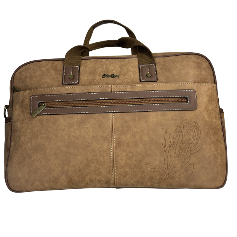 Cotton Road Travel Bag: BROWN PU Leather Overnight Duffel with Embossed Protea FRONT VIEW DETAIL