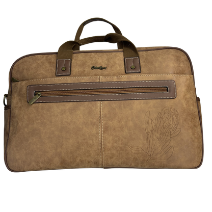 Cotton Road Travel Bag: BROWN PU Leather Overnight Duffel with Embossed Protea FRONT VIEW DETAIL