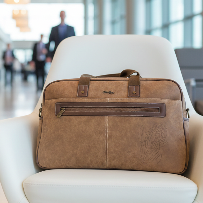 Cotton Road Travel Bag: BROWN PU Leather Overnight Duffel with Embossed Protea ON CHAIR