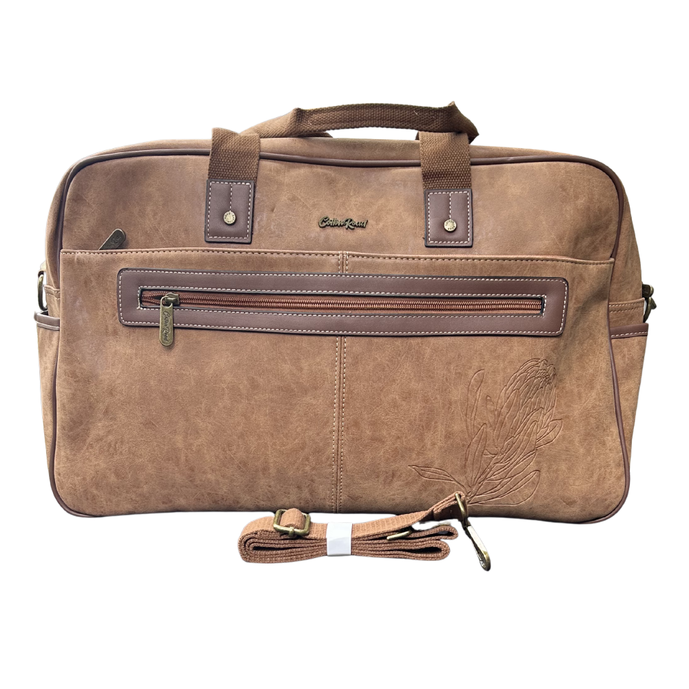 Cotton Road Travel Bag: BROWN PU Leather Overnight Duffel with Embossed Protea SET