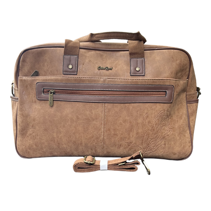 Cotton Road Travel Bag: BROWN PU Leather Overnight Duffel with Embossed Protea SET