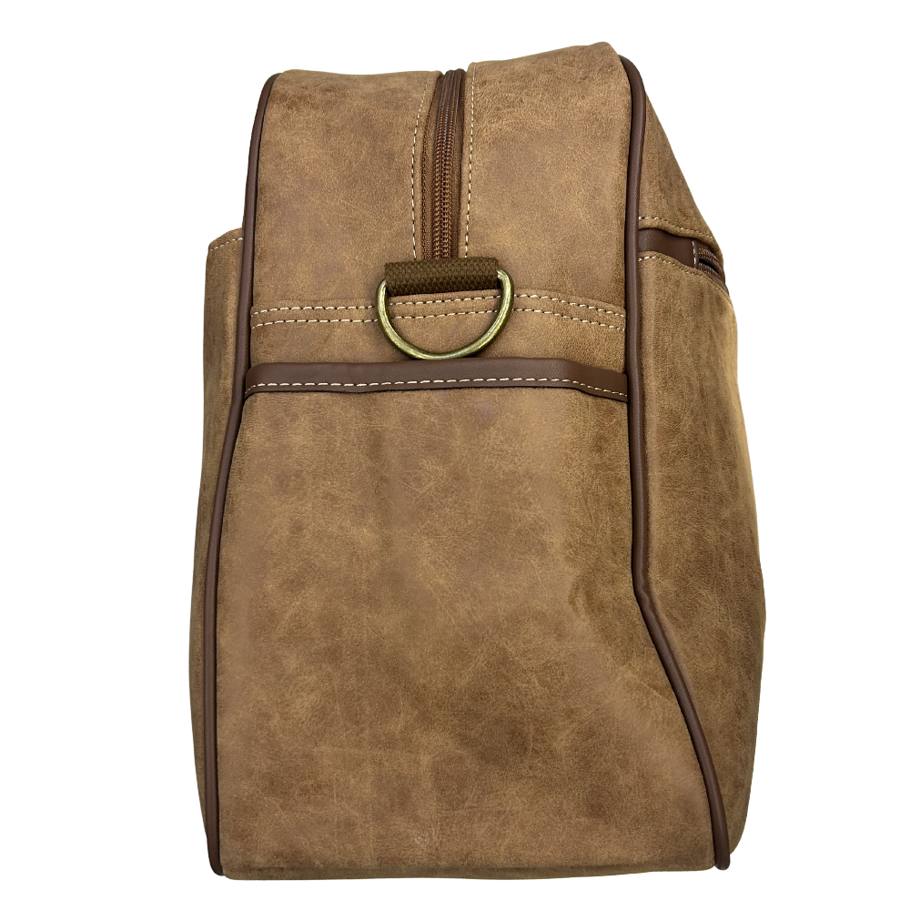 Cotton Road Travel Bag: BROWN PU Leather Overnight Duffel with Embossed Protea SIDE VIEW