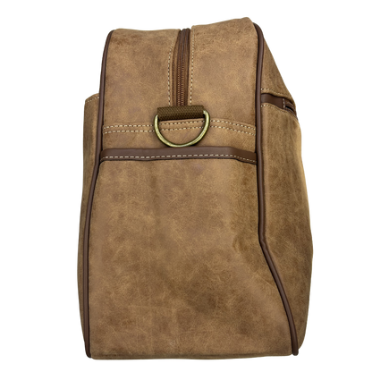Cotton Road Travel Bag: BROWN PU Leather Overnight Duffel with Embossed Protea SIDE VIEW
