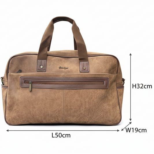 Cotton Road Travel Bag: BROWN PU Leather Overnight Duffel with Embossed Protea SIZED