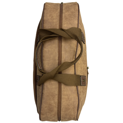 Cotton Road Travel Bag: BROWN PU Leather Overnight Duffel with Embossed Protea TOP CLOSED VIEW