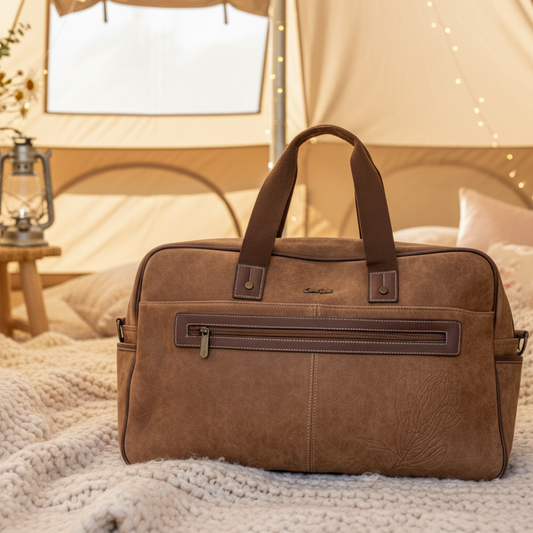 Cotton Road Travel Bag: BROWN PU Leather Overnight Duffel with Embossed Protea LIFESTYLE