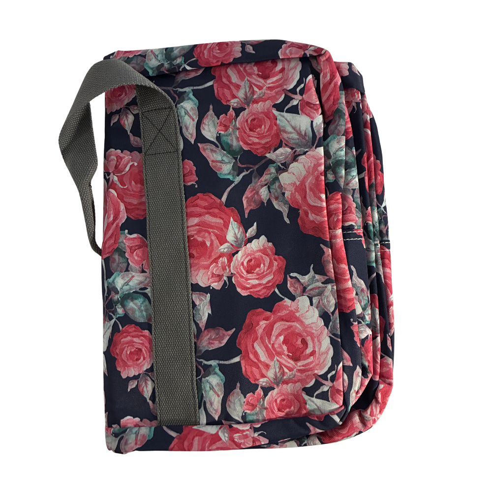Cotton Road Travel Bag: Black Soft Linen Overnight Bag with Pink Red Roses detailing folded