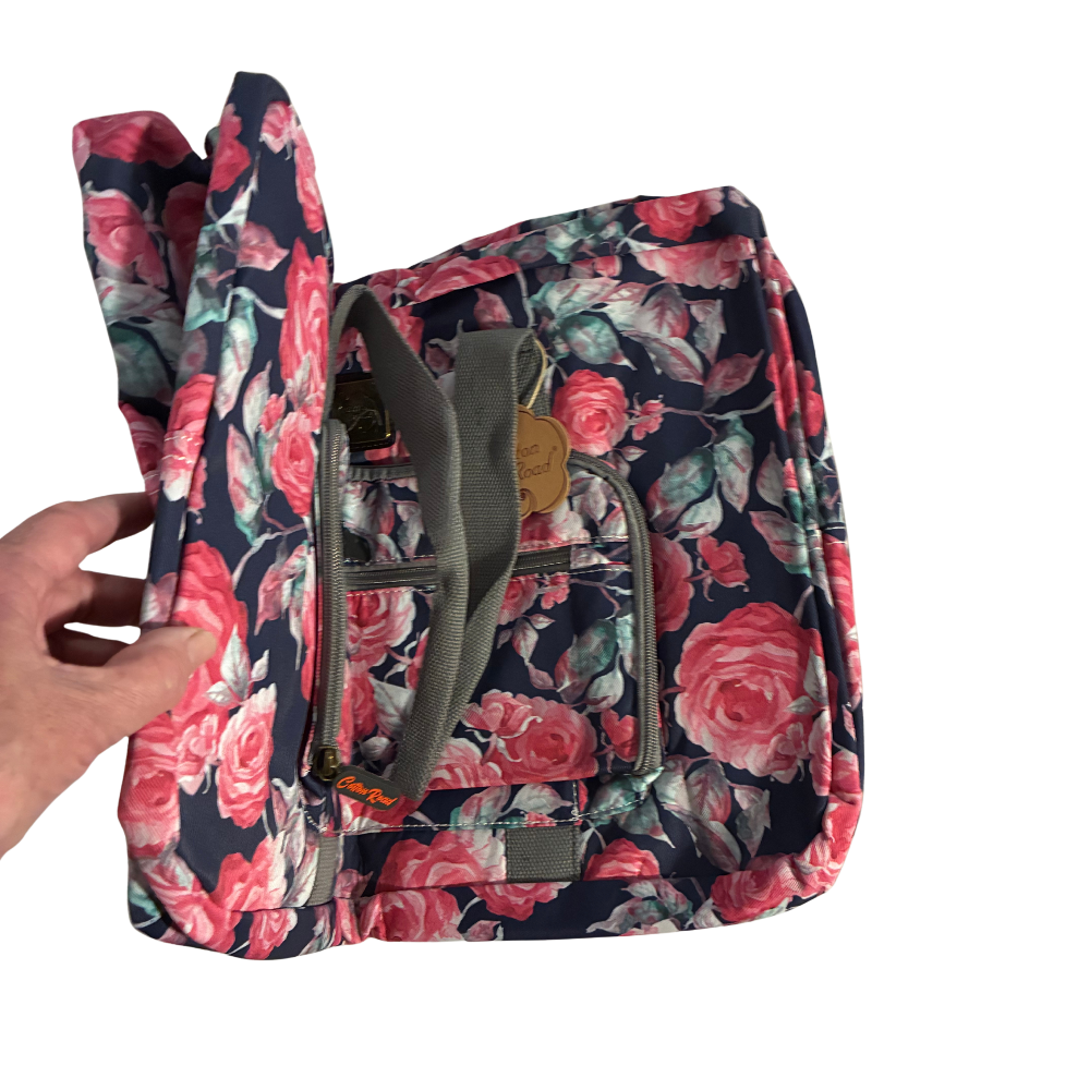 Cotton Road Travel Bag: Black Soft Linen Overnight Bag with Pink Red Roses detailing folding