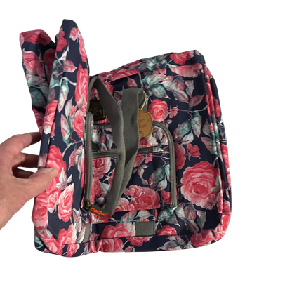 Cotton Road Travel Bag: Black Soft Linen Overnight Bag with Pink Red Roses detailing folding