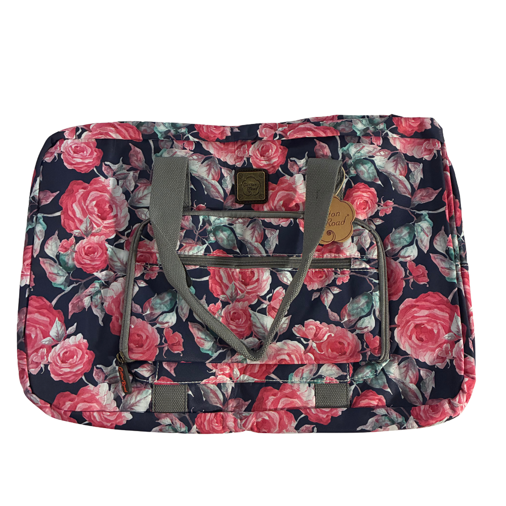 Cotton Road Travel Bag: Black Soft Linen Overnight Bag with Pink Red Roses detailing unfolded