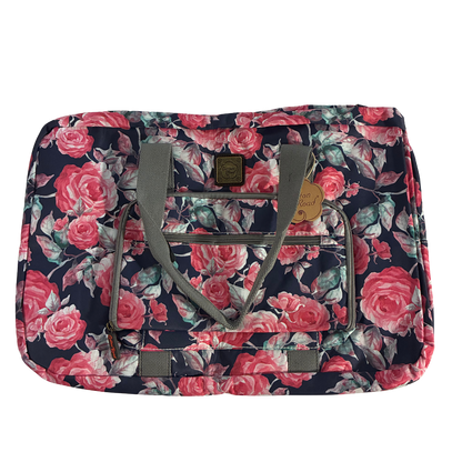 Cotton Road Travel Bag: Black Soft Linen Overnight Bag with Pink Red Roses detailing unfolded
