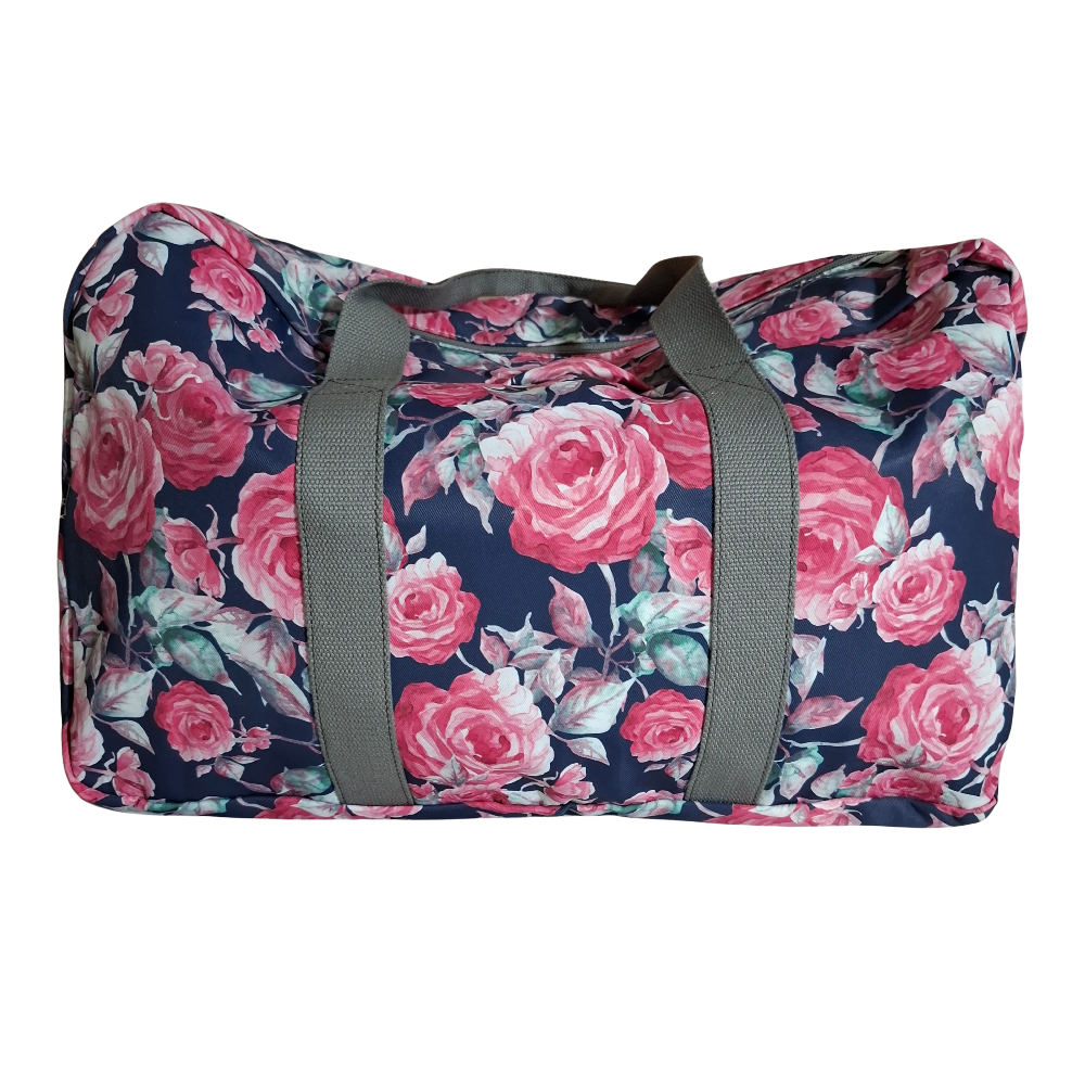 Cotton Road Travel Bag: Black Soft Overnight Bag with Pink Red Roses detailing BACK