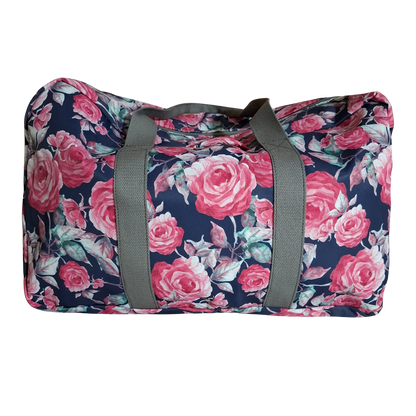 Cotton Road Travel Bag: Black Soft Overnight Bag with Pink Red Roses detailing BACK