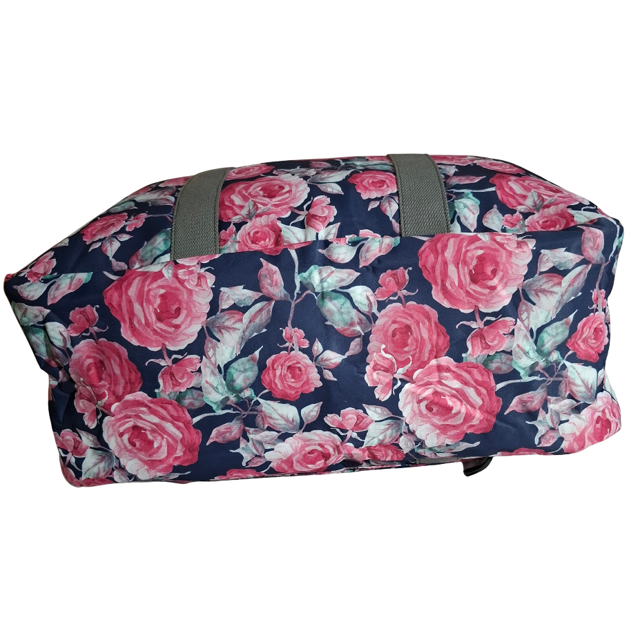 Cotton Road Travel Bag: Black Soft Overnight Bag with Pink Red Roses detailing BOTTOM VIEW