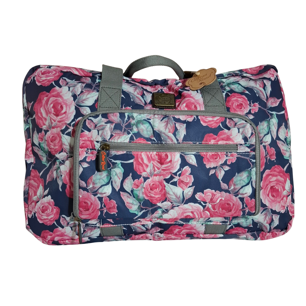 Cotton Road Travel Bag: Black Soft Overnight Bag with Pink Red Roses detailing FRONT