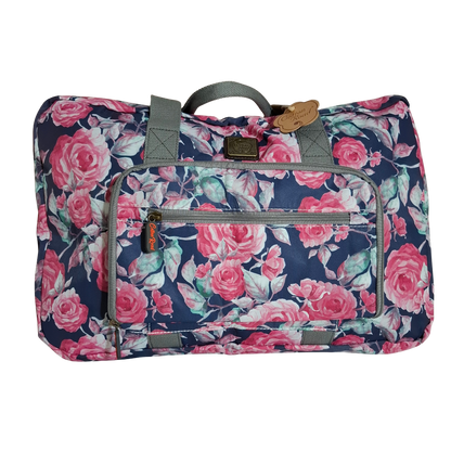 Cotton Road Travel Bag: Black Soft Overnight Bag with Pink Red Roses detailing FRONT