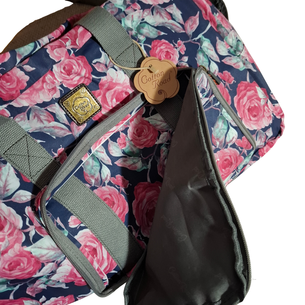 Cotton Road Travel Bag: Black Soft Overnight Bag with Pink Red Roses detailing FRONT POCKET VIEW