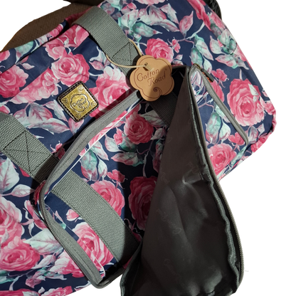 Cotton Road Travel Bag: Black Soft Overnight Bag with Pink Red Roses detailing FRONT POCKET VIEW