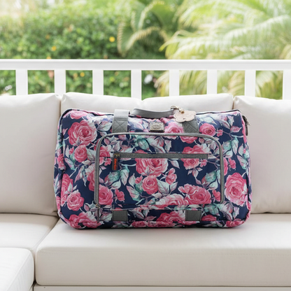 Cotton Road Travel Bag: Black Soft Overnight Bag with Pink Red Roses detailing HERO