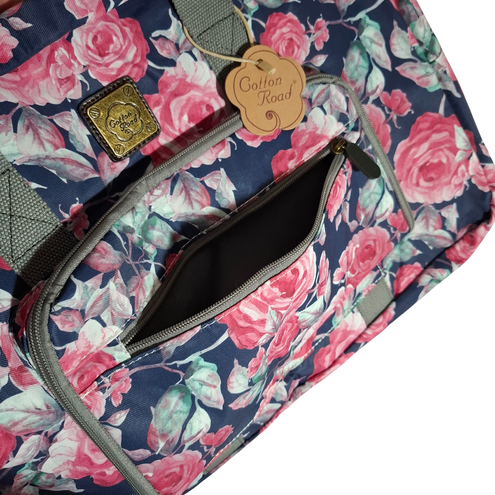 Cotton Road Travel Bag: Black Soft Overnight Bag with Pink Red Roses detailing OPEN FRONT POCKET