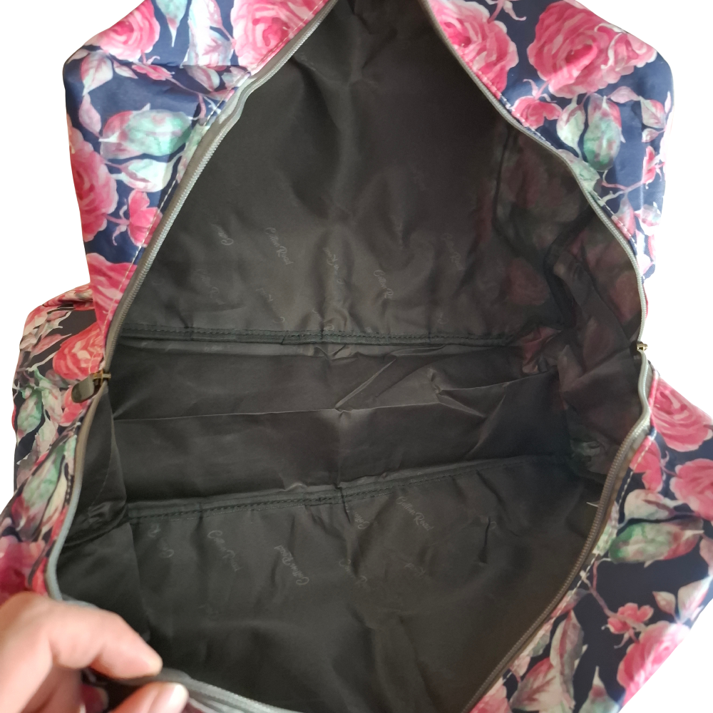Cotton Road Travel Bag: Black Soft Overnight Bag with Pink Red Roses detailing OPEN VIEW