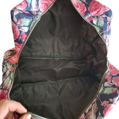 Cotton Road Travel Bag: Black Soft Overnight Bag with Pink Red Roses detailing OPEN VIEW