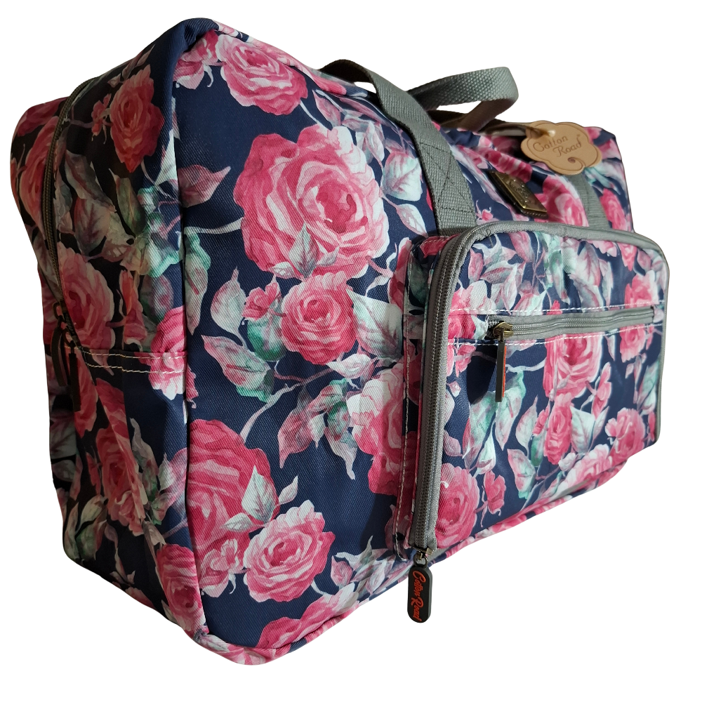 Cotton Road Travel Bag: Black Soft Overnight Bag with Pink Red Roses detailing SIDE VIEW POCKET