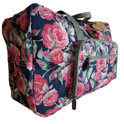 Cotton Road Travel Bag: Black Soft Overnight Bag with Pink Red Roses detailing SIDE VIEW POCKET