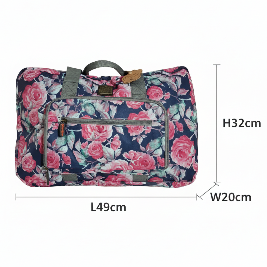 Cotton Road Travel Bag: Black Soft Overnight Bag with Pink Red Roses detailing SIZE