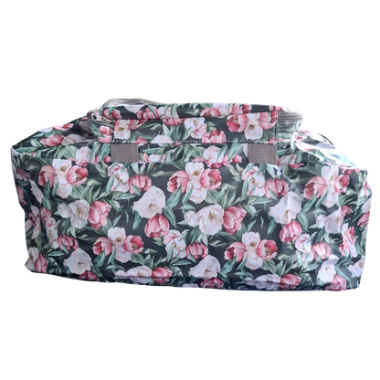 Cotton Road Travel Bag: DARK GREEN PVC Foldaway WEEKENDER Bag with FLORAL FRONT