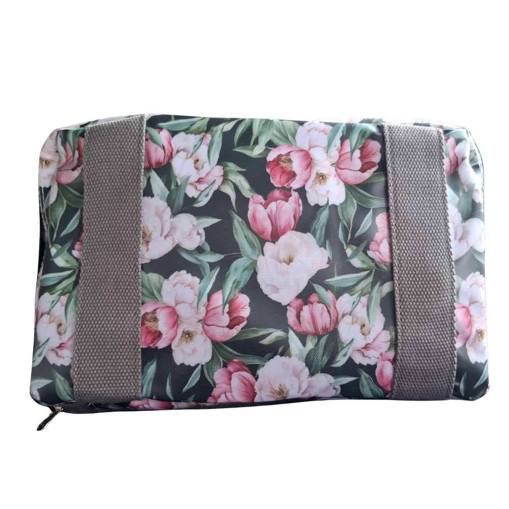 Cotton Road Travel Bag: DARK GREEN PVC Foldaway WEEKENDER Bag with FLORAL PRINT CLOSED