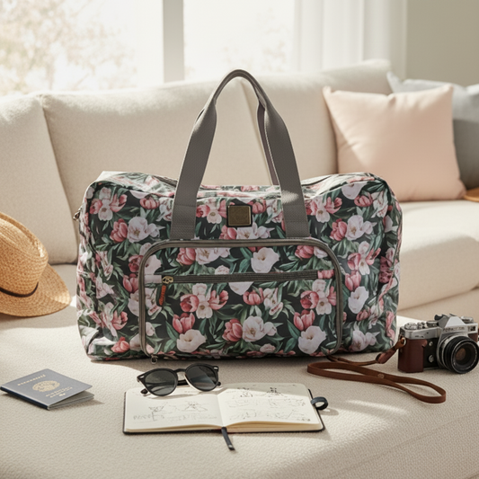 Cotton Road Travel Bag: DARK GREEN PVC Foldaway WEEKENDER Bag with FLORAL PRINT LIFESTYLE