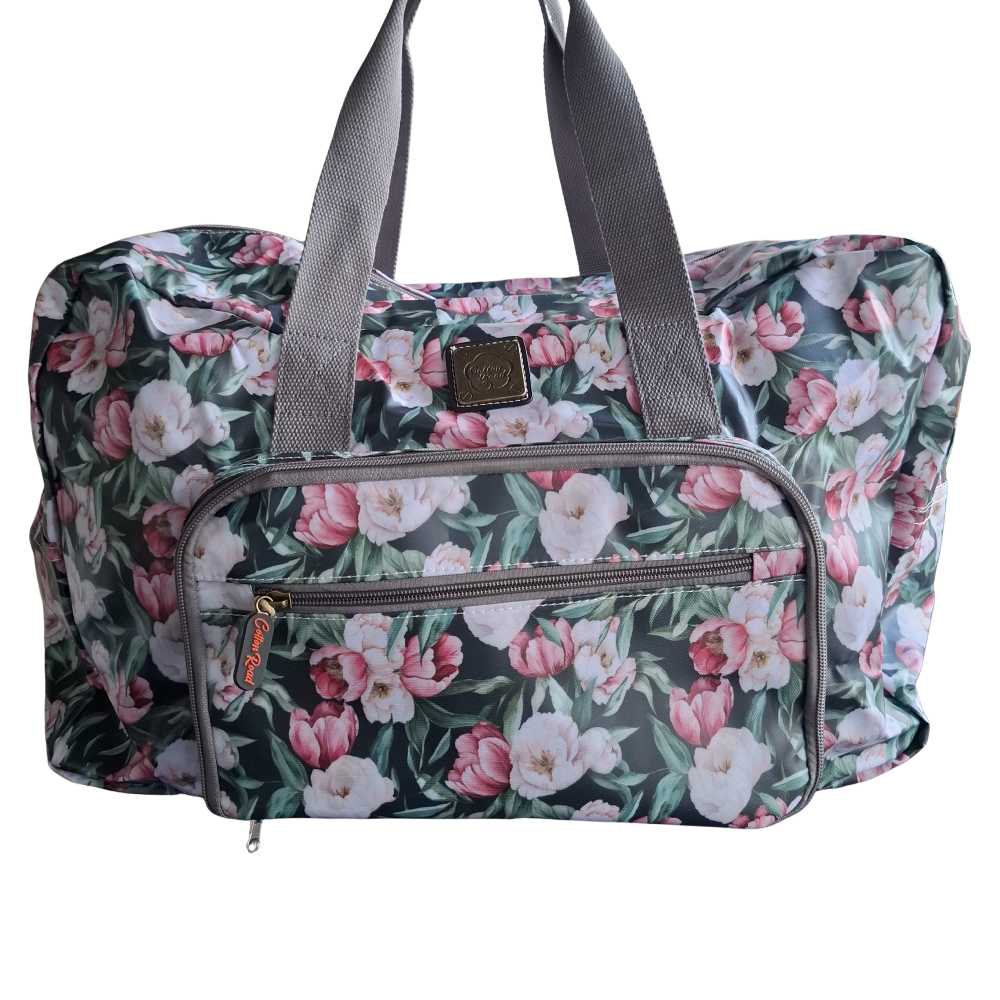 Cotton Road Travel Bag: DARK GREEN PVC Foldaway WEEKENDER Bag with FLORAL PRINT OPEN