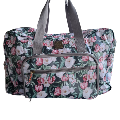 Cotton Road Travel Bag: DARK GREEN PVC Foldaway WEEKENDER Bag with FLORAL PRINT OPEN