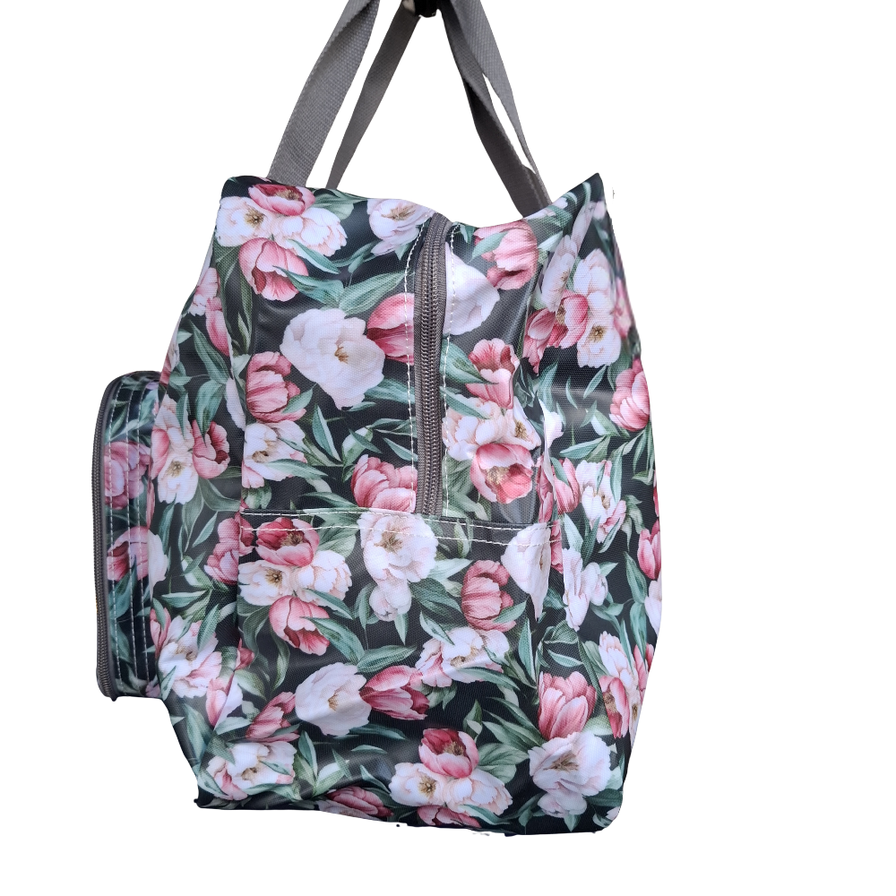 Cotton Road Travel Bag: DARK GREEN PVC Foldaway WEEKENDER Bag with FLORAL PRINT SIDE VIEW