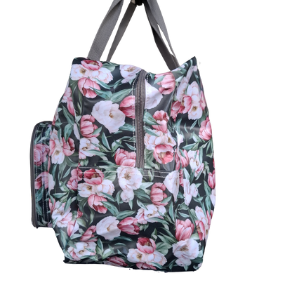 Cotton Road Travel Bag: DARK GREEN PVC Foldaway WEEKENDER Bag with FLORAL PRINT SIDE VIEW