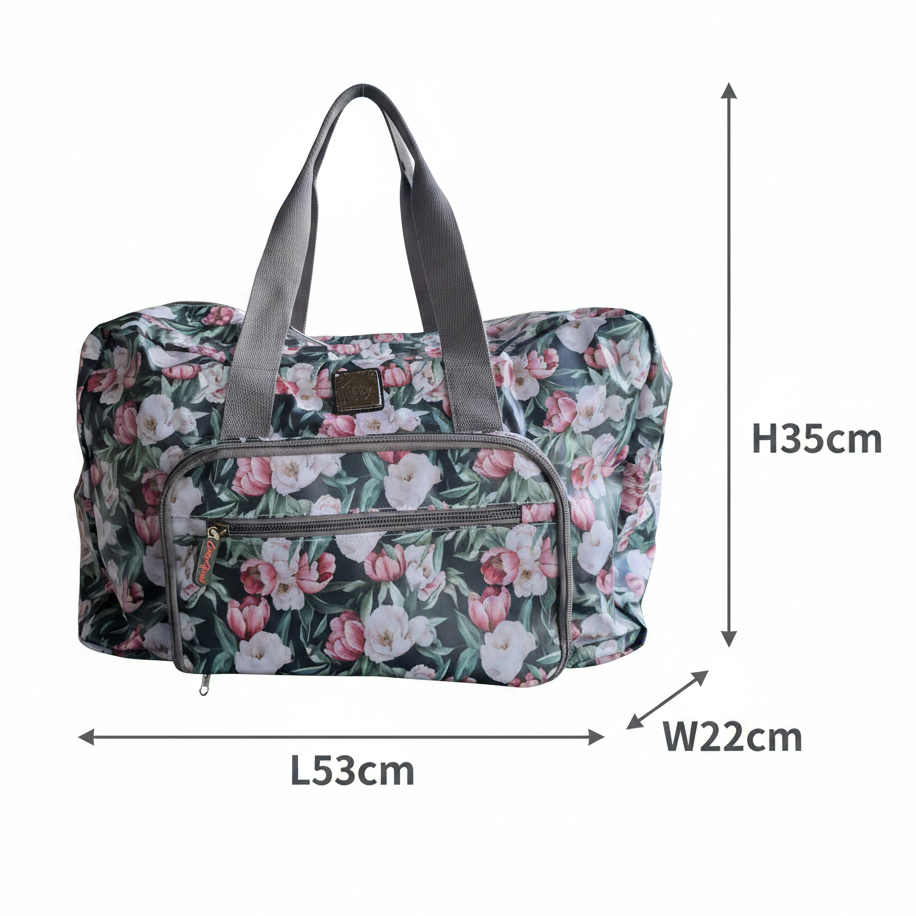 Cotton Road Travel Bag: DARK GREEN PVC Foldaway WEEKENDER Bag with FLORAL PRINT SIZE