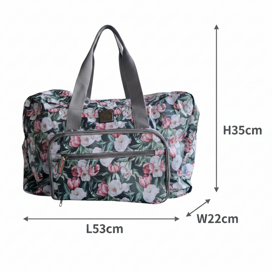 Cotton Road Travel Bag: DARK GREEN PVC Foldaway WEEKENDER Bag with FLORAL PRINT SIZE