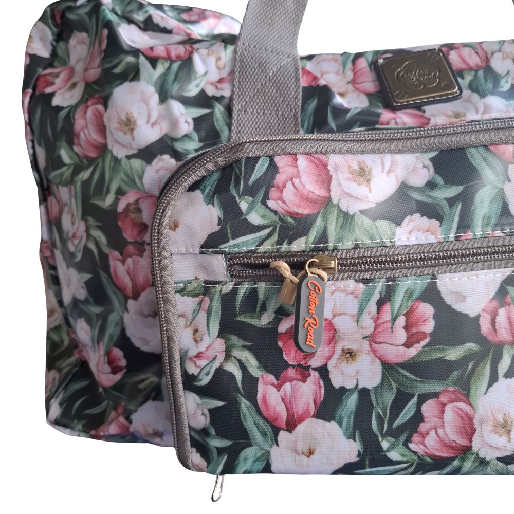 Cotton Road Travel Bag: DARK GREEN PVC Foldaway WEEKENDER Bag with FLORAL PRINT ZOOM