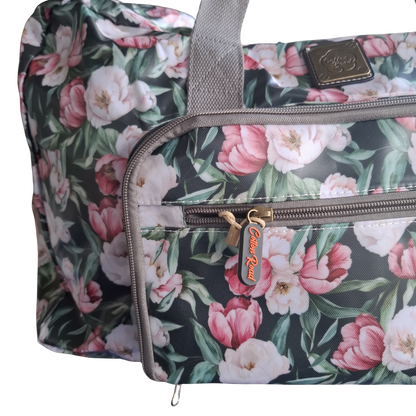 Cotton Road Travel Bag: DARK GREEN PVC Foldaway WEEKENDER Bag with FLORAL PRINT ZOOM