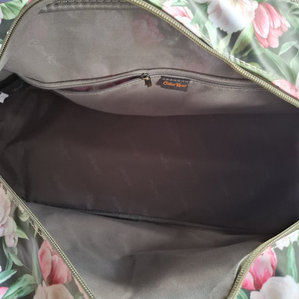 Cotton Road Travel Bag: DARK GREEN PVC OVERNIGHT BAG WITH FLORAL INSIDE