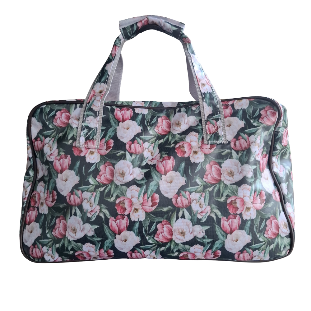 Cotton Road Travel Bag: DARK GREEN PVC OVERNIGHT BAG WITH FLORAL PRINT BACK