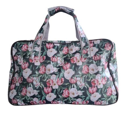 Cotton Road Travel Bag: DARK GREEN PVC OVERNIGHT BAG WITH FLORAL PRINT BACK