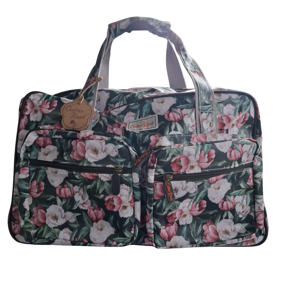 Cotton Road Travel Bag: DARK GREEN PVC OVERNIGHT BAG WITH FLORAL PRINT FRONT