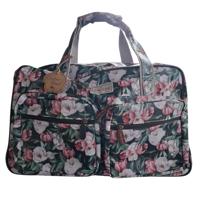 Cotton Road Travel Bag: DARK GREEN PVC OVERNIGHT BAG WITH FLORAL PRINT FRONT
