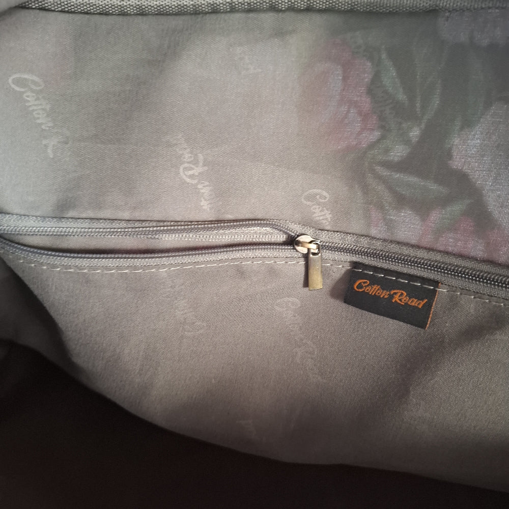 Cotton Road Travel Bag: DARK GREEN PVC OVERNIGHT BAG WITH FLORAL PRINT INNER