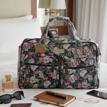 Cotton Road Travel Bag: DARK GREEN PVC OVERNIGHT BAG WITH FLORAL PRINT LIFESTYLE