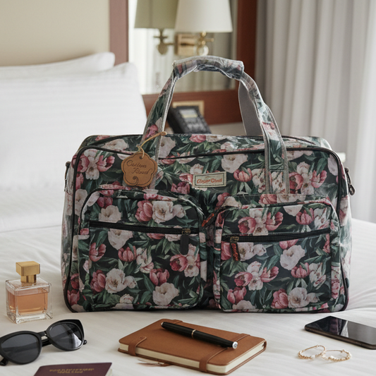 Cotton Road Travel Bag: DARK GREEN PVC OVERNIGHT BAG WITH FLORAL PRINT LIFESTYLE