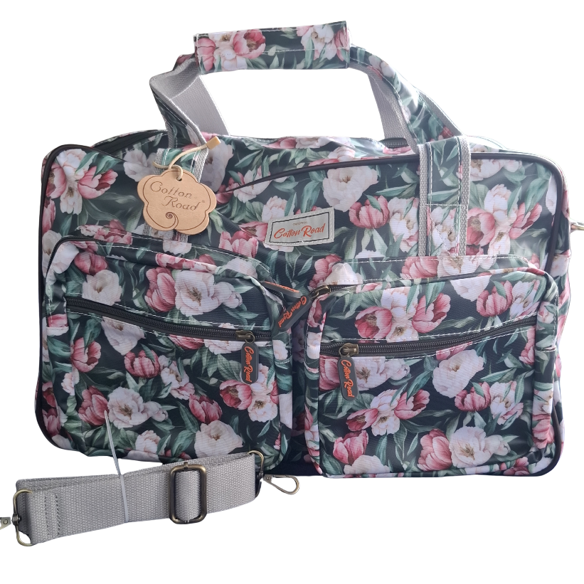 Cotton Road Travel Bag: DARK GREEN PVC OVERNIGHT BAG WITH FLORAL PRINT SET
