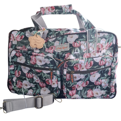 Cotton Road Travel Bag: DARK GREEN PVC OVERNIGHT BAG WITH FLORAL PRINT SET